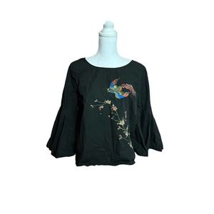 Jealous Tomato black Blouse Bird Floral‎ Embroidery bell sleeves sz LARGE